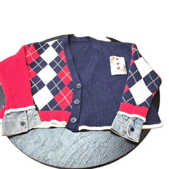OAK Y2K Boxy Cardigan – Argyle Denim Cuffs Circuscore Indie Sequins Patch Knit - Picture 3 of 5
